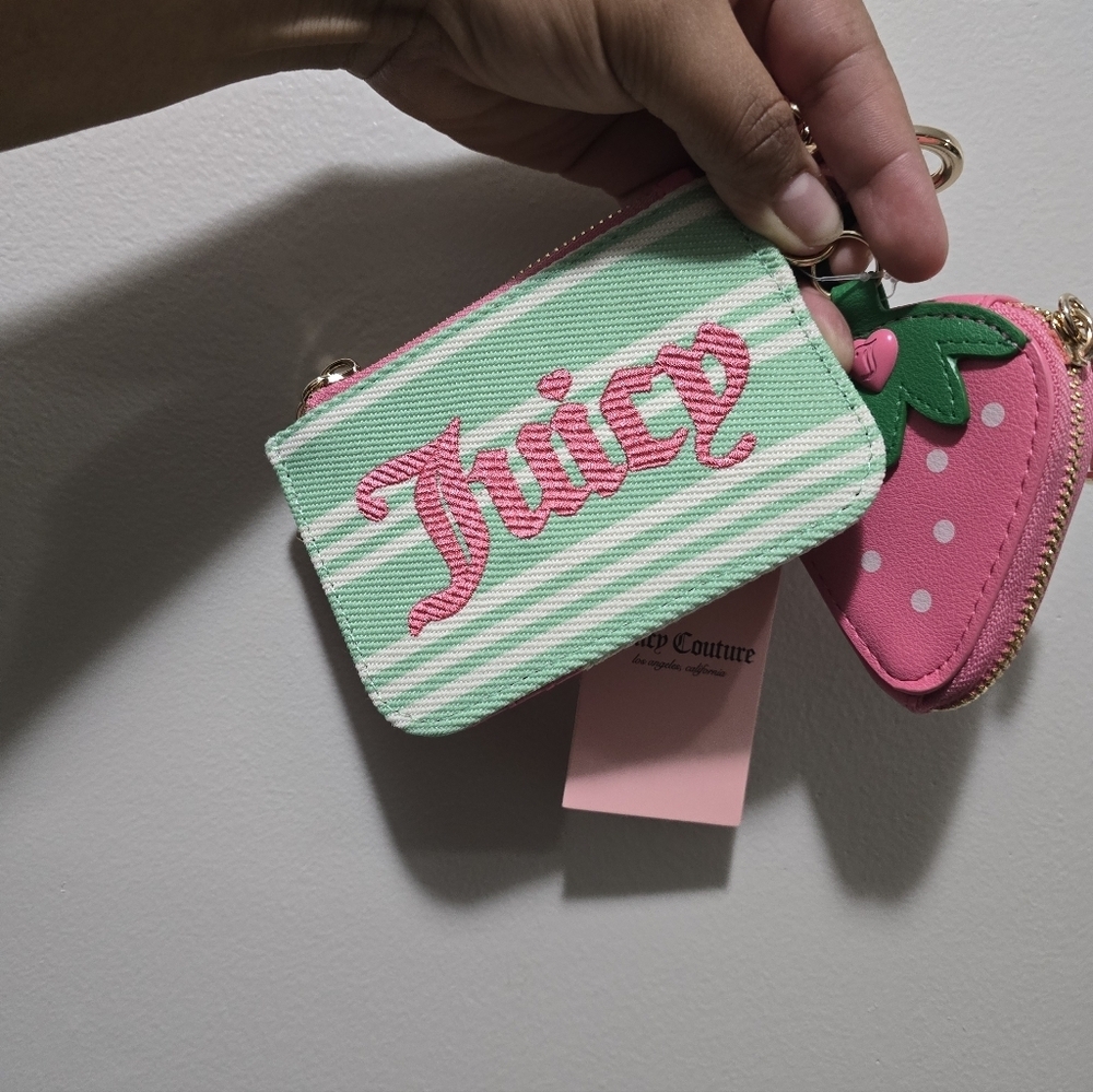 Juicy Couture Mint Green & Pink Stripe Wristlet with Strawberry Charm - Picture 11 of 11